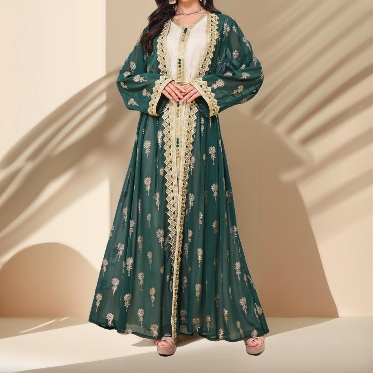 Algerian Style Embroidered Kaftan Plus Inner Vest and Belt - Try Modest Limited