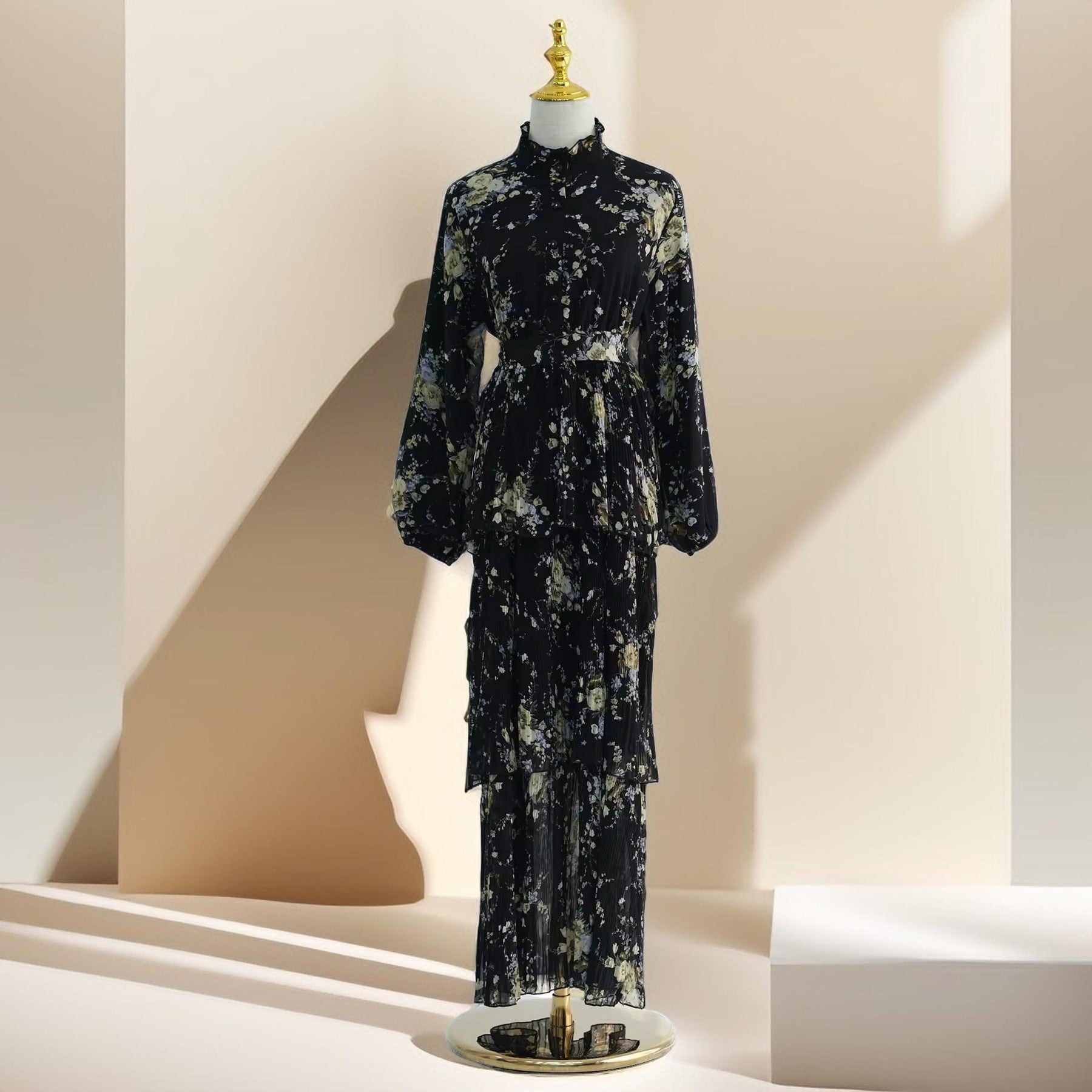 Blooming Breeze three-layer black chiffon dress - Try Modest Limited 