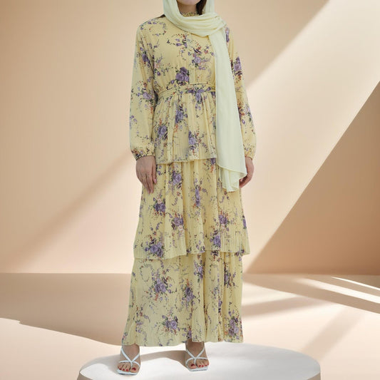 Blooming Breeze three-layer yellow chiffon dress - Try Modest Limited 