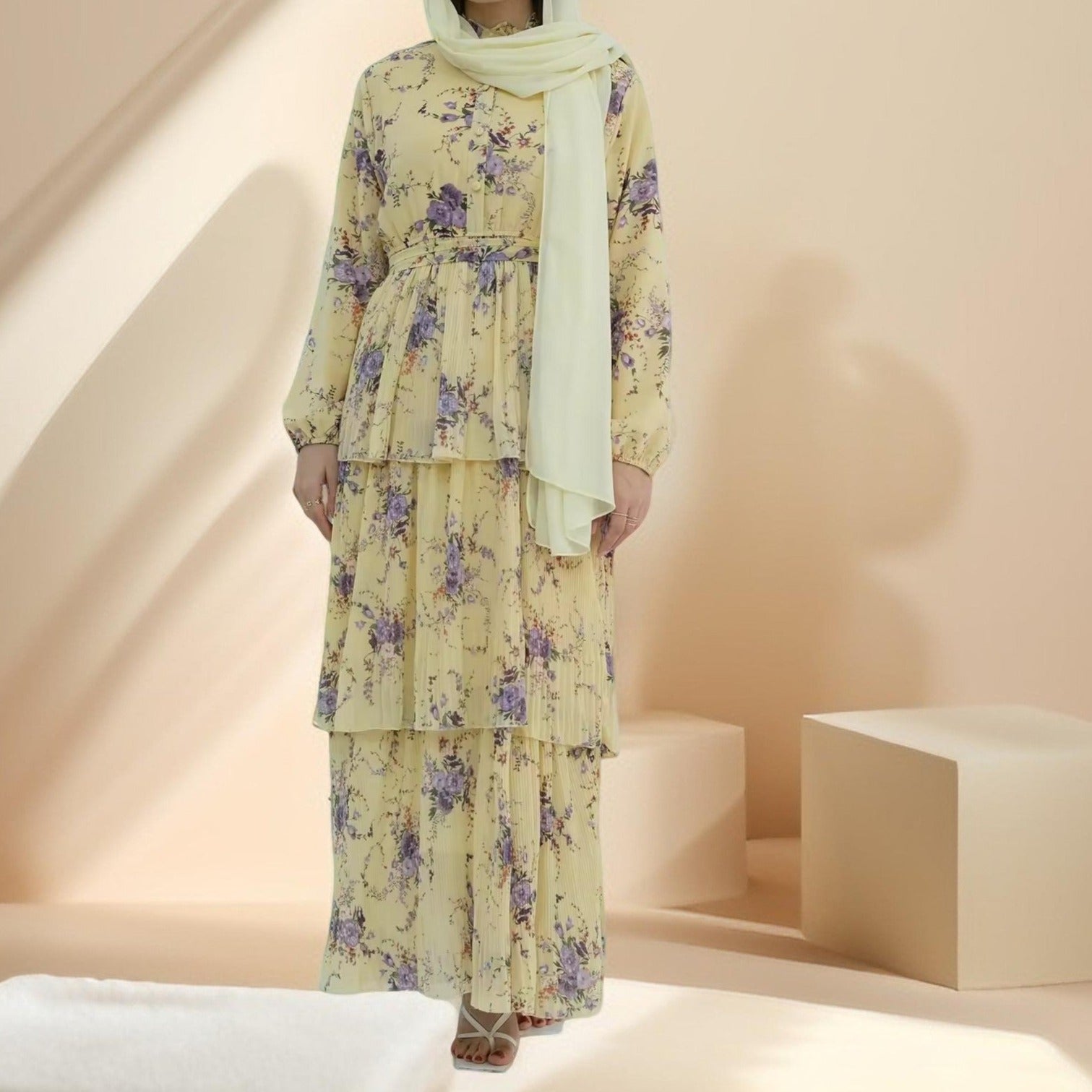 Blooming Breeze three-layer yellow chiffon dress - Try Modest Limited 