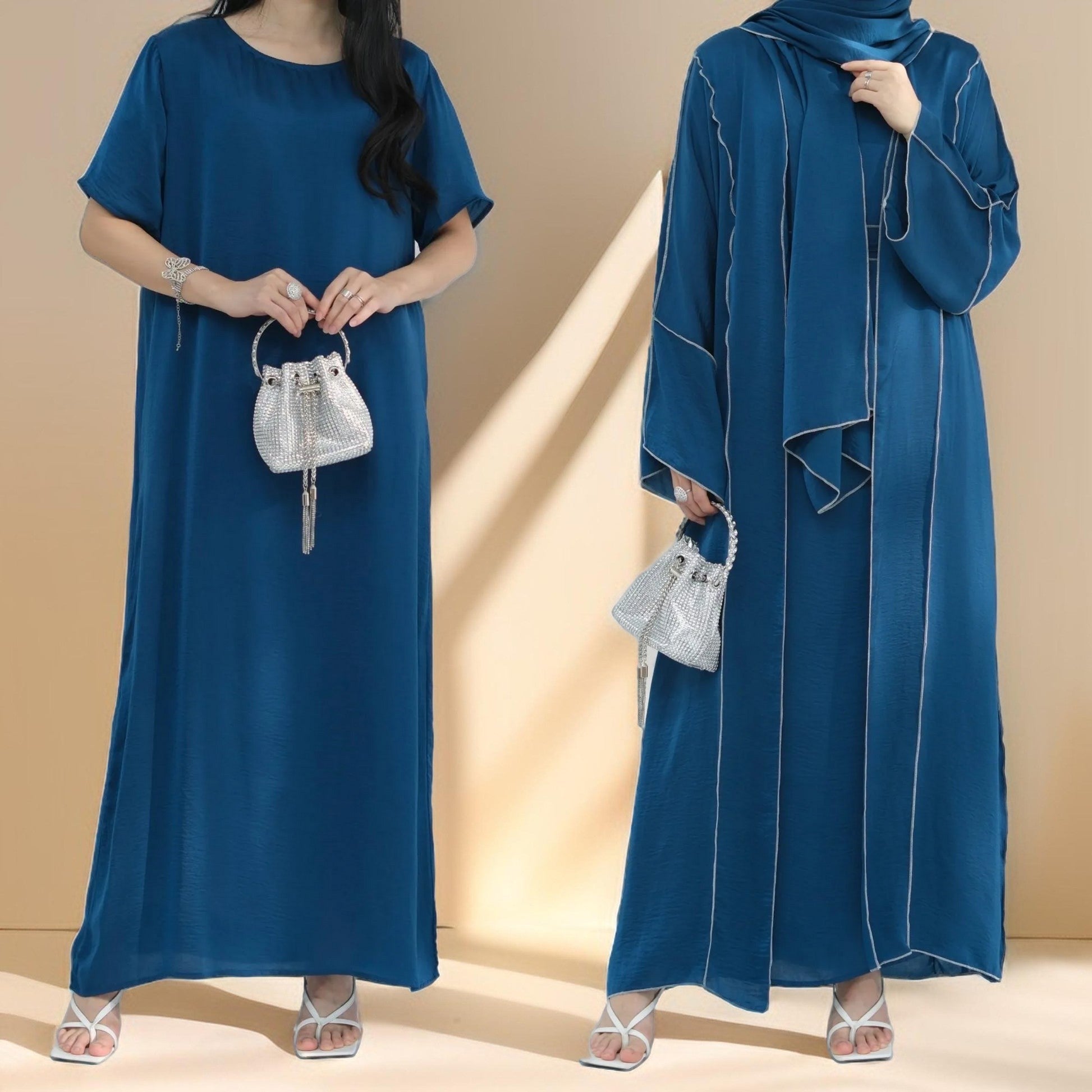 Elegant Wrinkle Satin Abaya Set with detachable belt - Try Modest Limited 