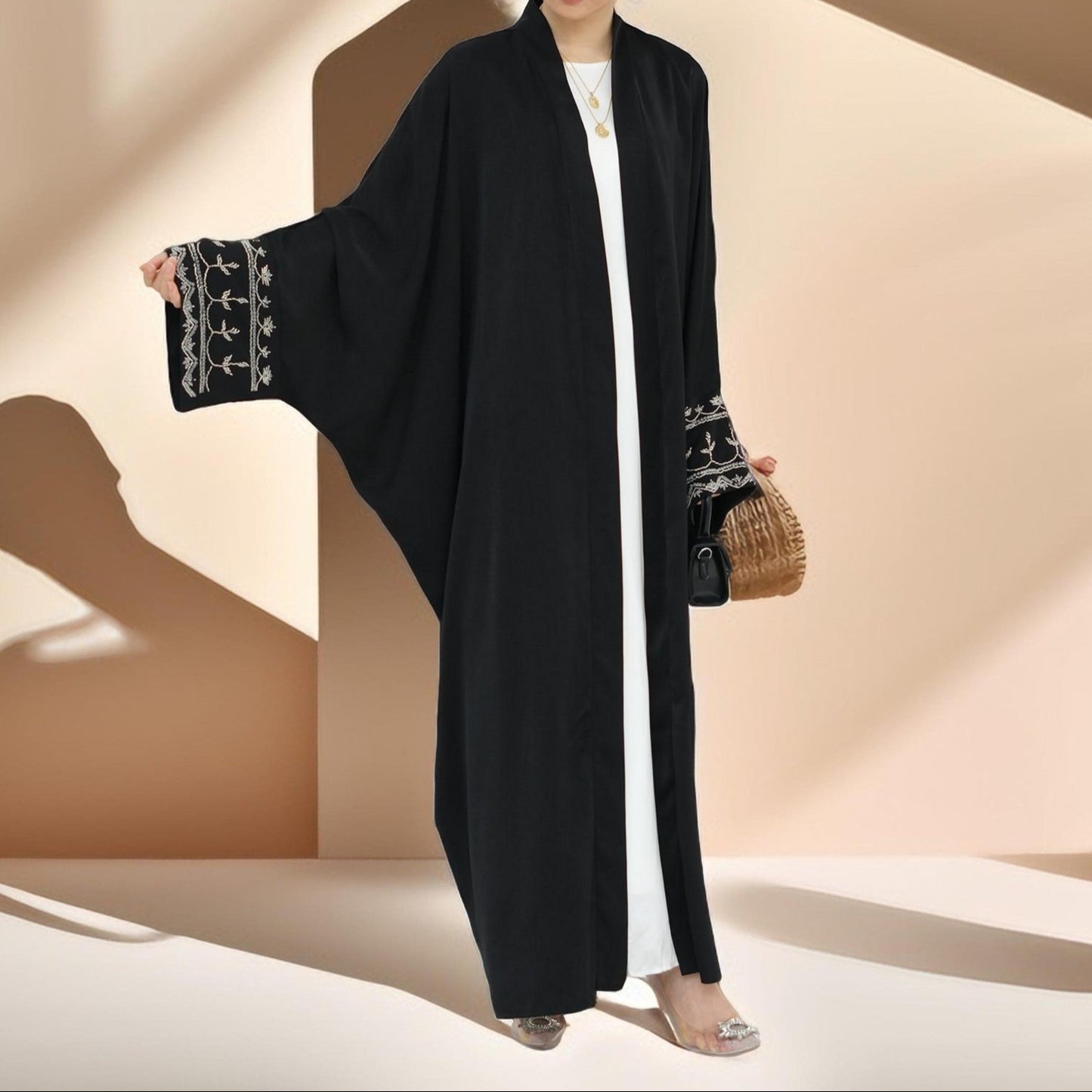 Ellaa Luxe Beaded Sleeve Abaya – Front Open Elegance - Try Modest Limited