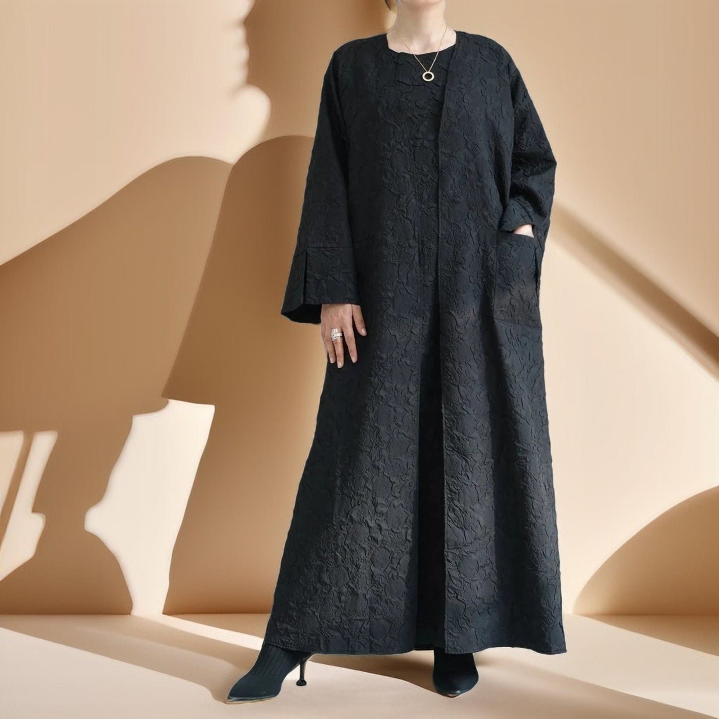 Embossed Winter Abaya Robe with Vest - Try Modest Limited