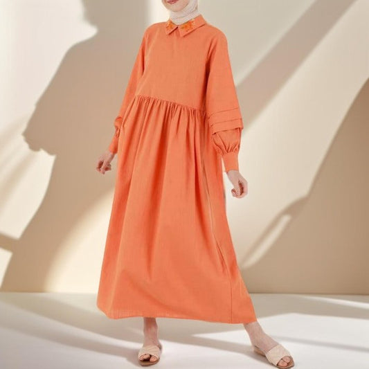 Embroidered collar lantern sleeve dress - Try Modest Limited 