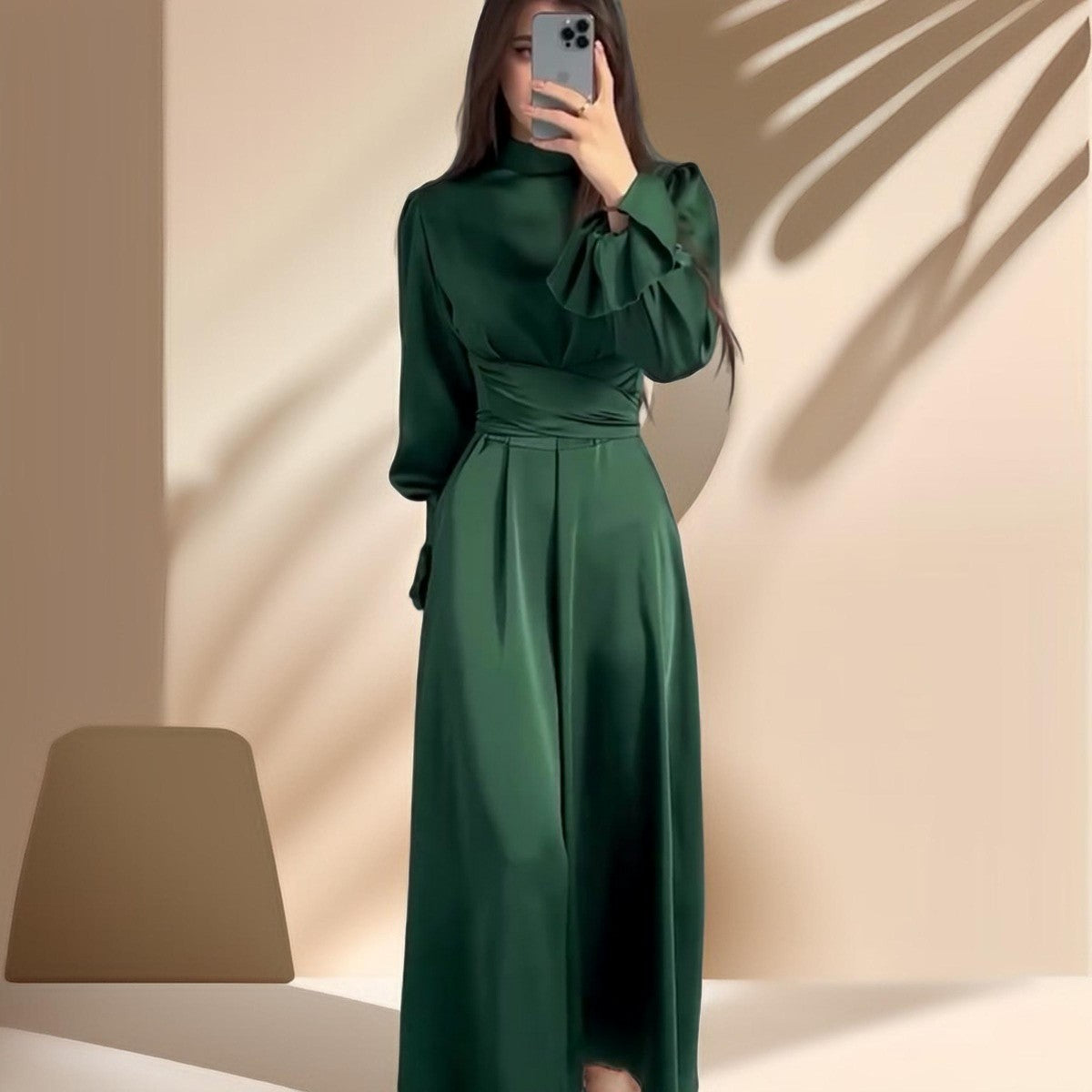 modest emerald green dress Silk Midi Dress, Silk for Women, Emerald Silk Long Dress with Long Sleeves, Modest Engagement Dress Dark Green Modest Modest Dresses