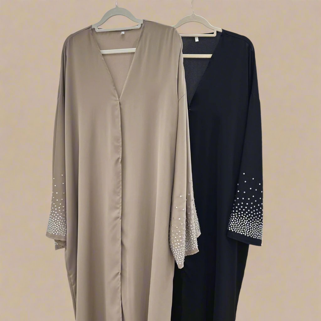 Glamorous Nights: Button-Down Abaya with Rhinestone Sleeves - Try Modest Limited