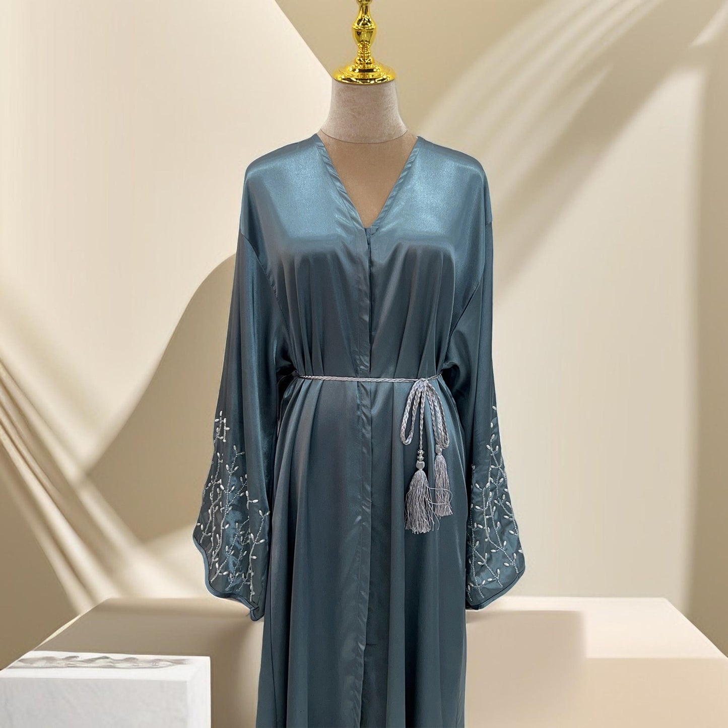 Lulua Satin Luxe Abaya with Handcrafted Pearls - Try Modest Limited