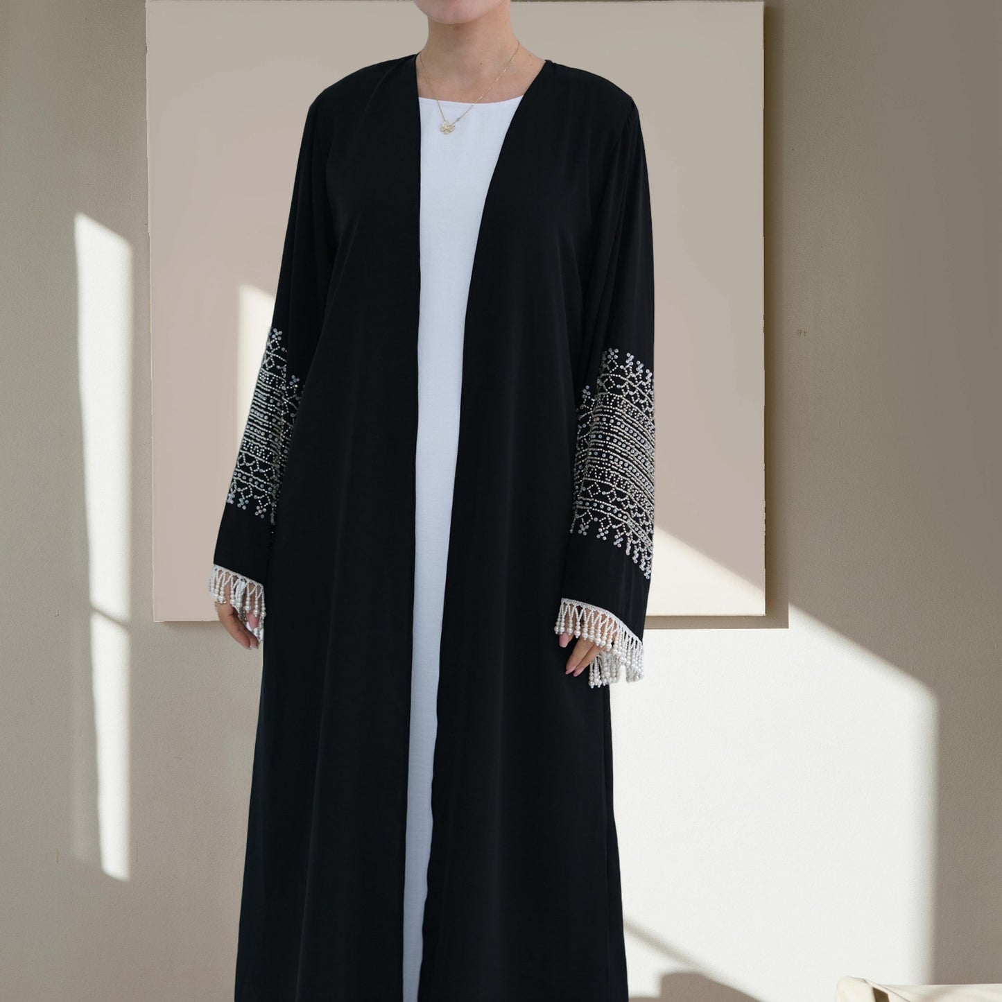 Moonlit Pearl Open Front Abaya in black - Try Modest Limited 