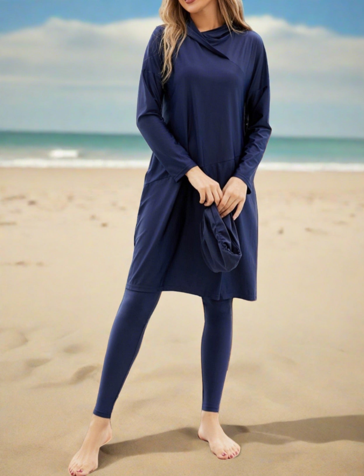 Navy 3 PC modest swimsuit with hoodie - Try Modest Limited 