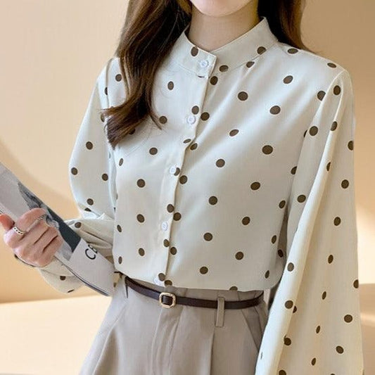 Polka Dot Stand-Up Collar Lantern Sleeve Shirt - Try Modest Limited 