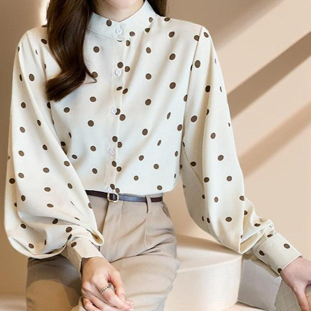 Polka Dot Stand-Up Collar Lantern Sleeve Shirt - Try Modest Limited 