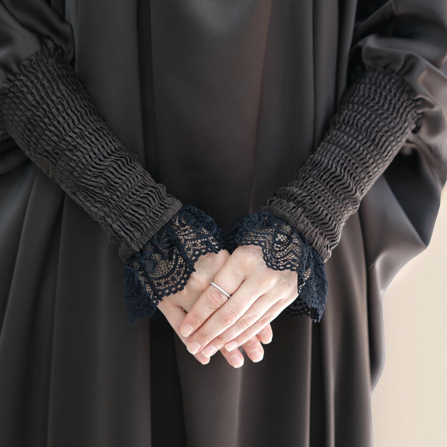 Serenity Ramadan jilbab prayer dress with Ribbed Sleeves and Lace Trim - Try Modest Limited 