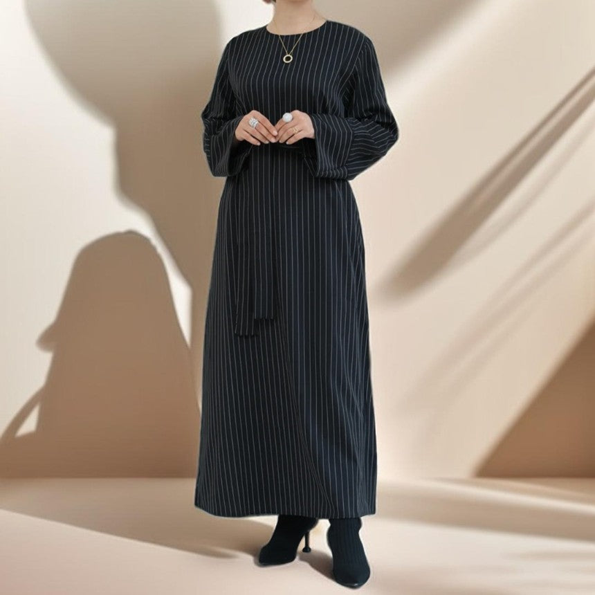 Striped Abaya with Pockets and Detachable Belt - Try Modest Limited