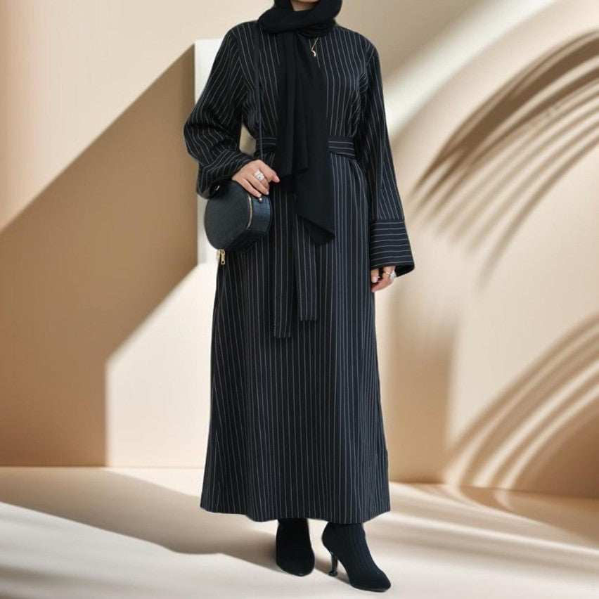 Striped Abaya with Pockets and Detachable Belt - Try Modest Limited 
