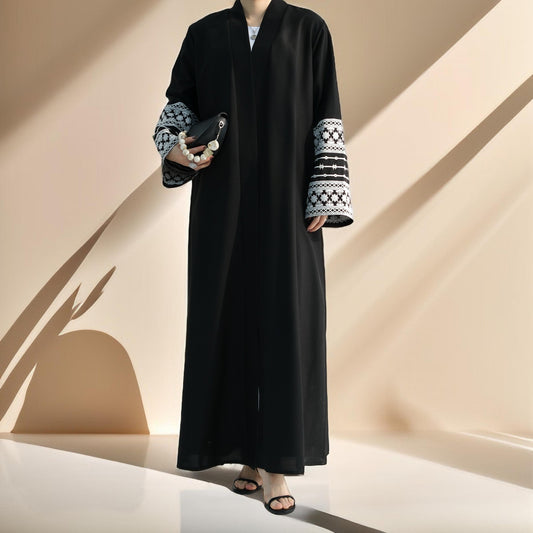 Traditional Embroidered Linen Abaya with Open Front - Try Modest Limited 