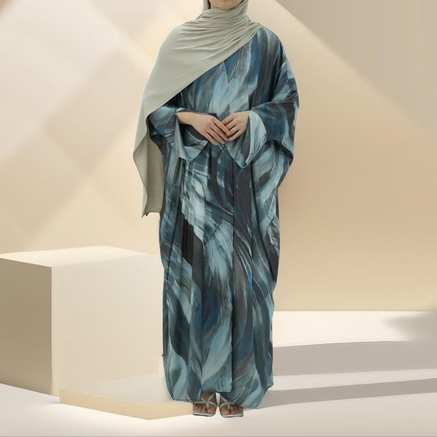 Water Marble Satin Printed Open Abaya - Try Modest Limited