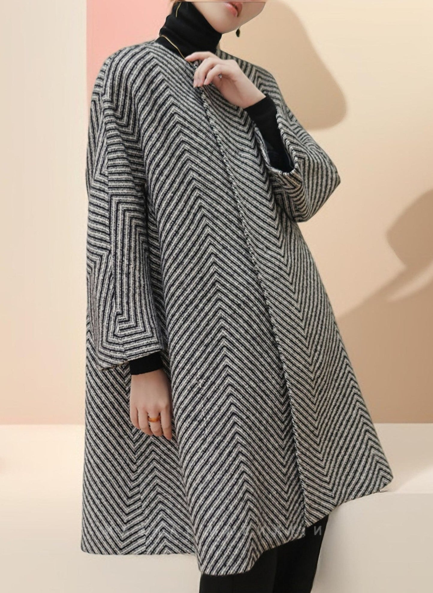 Women's Black and White Zig Zag Wool Coat - Try Modest Limited 