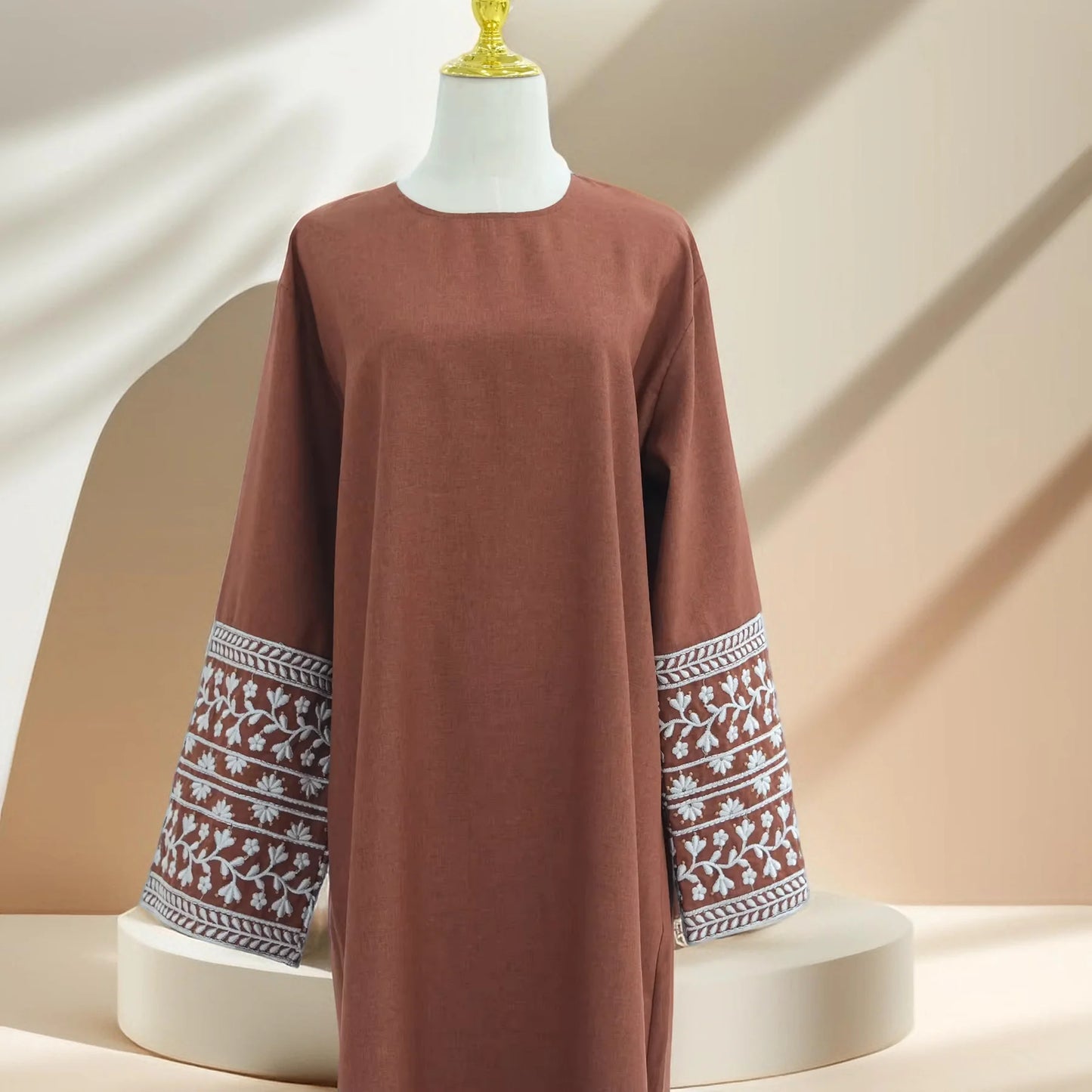 Zahra Linen Abaya with Embroidered Sleeves - Try Modest Limited 