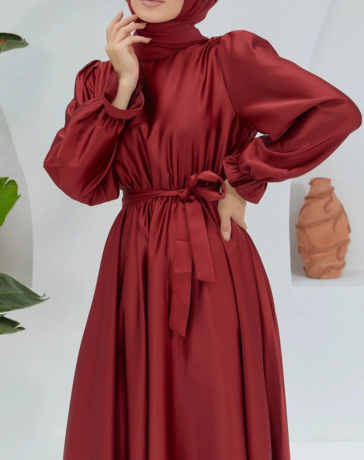 Belted satin evening dress - Try Modest Limited