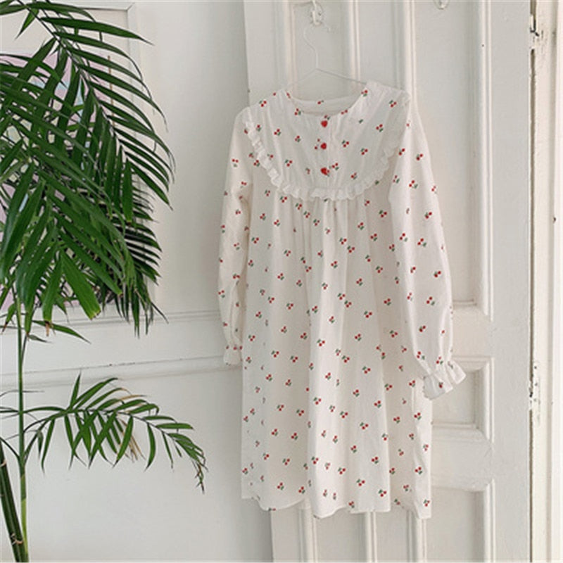 Cherry white cotton Sleepwear Korean Dress - Try Modest Limited