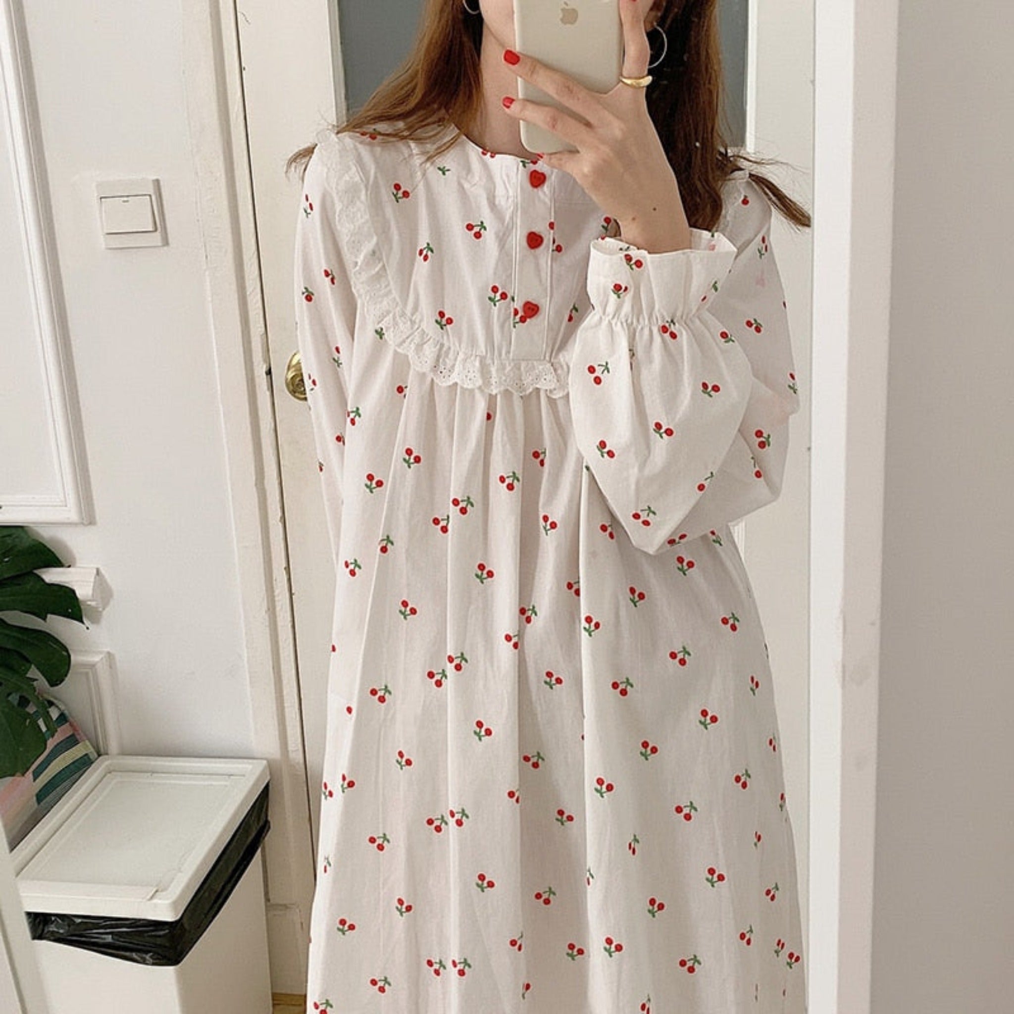 Cherry white cotton Sleepwear Korean Dress - Try Modest Limited Try Modest Limited Cherry white cotton Sleepwear Korean Dress - Try Modest Limited Try Modest Limited