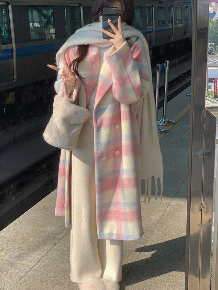 Gorgeous Rainbow woolen Women's long coat Korean style - Try Modest Limited
