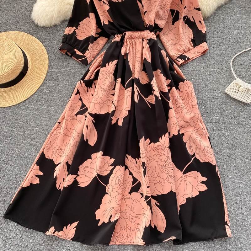 Ideal black Printed V Neck Summer dress - Try Modest Limited