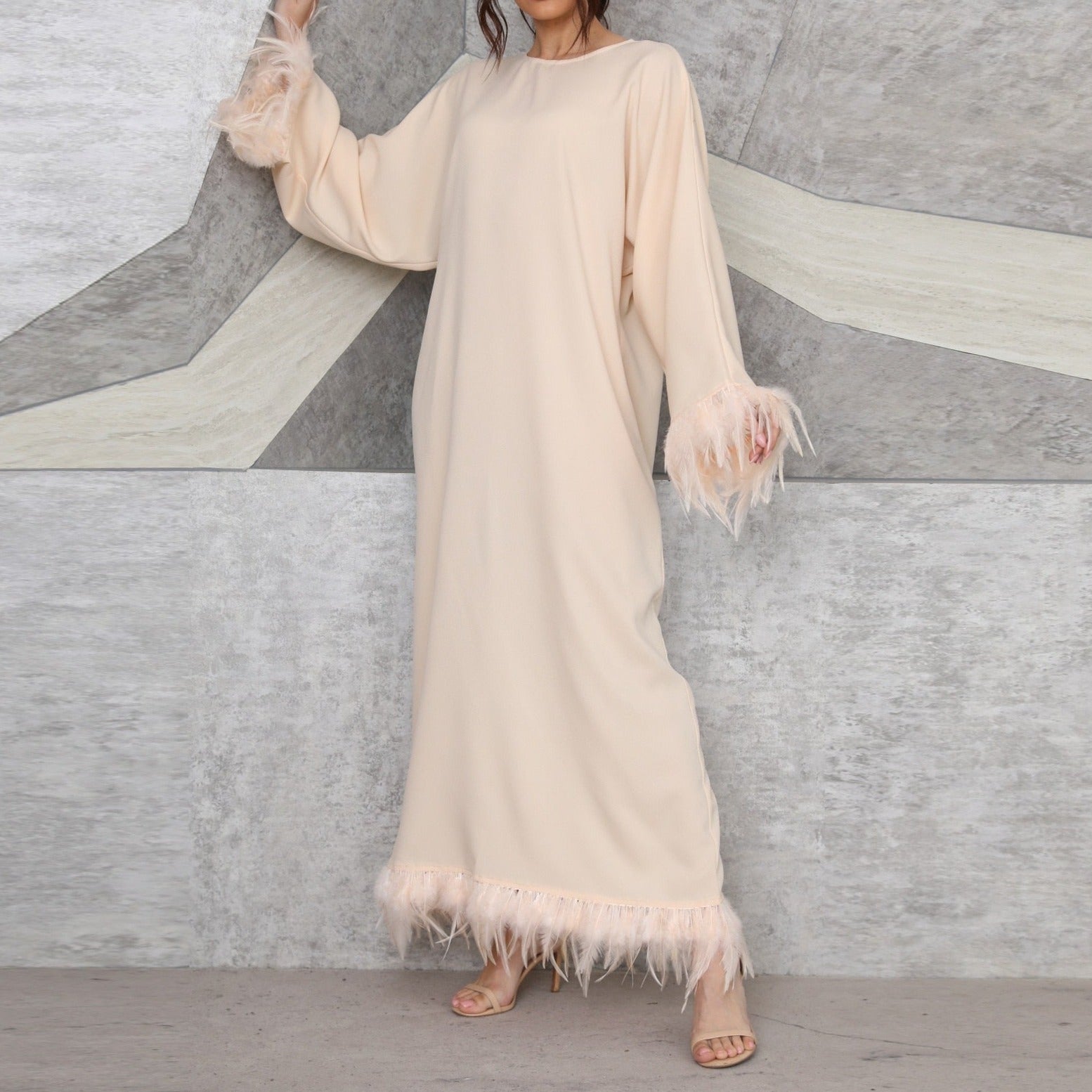 Long Sleeve Feather Dress For Women - Try Modest Limited Champagne / XL Long Sleeve Feather Dress For Women - Try Modest Limited Champagne / XL