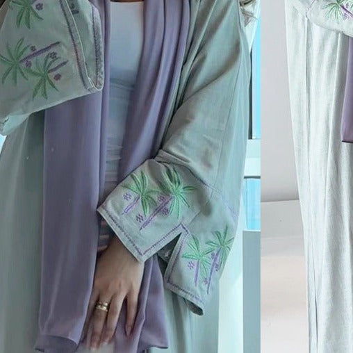 Pea Green Embroidered Abaya Cardigan - Try Modest Limited