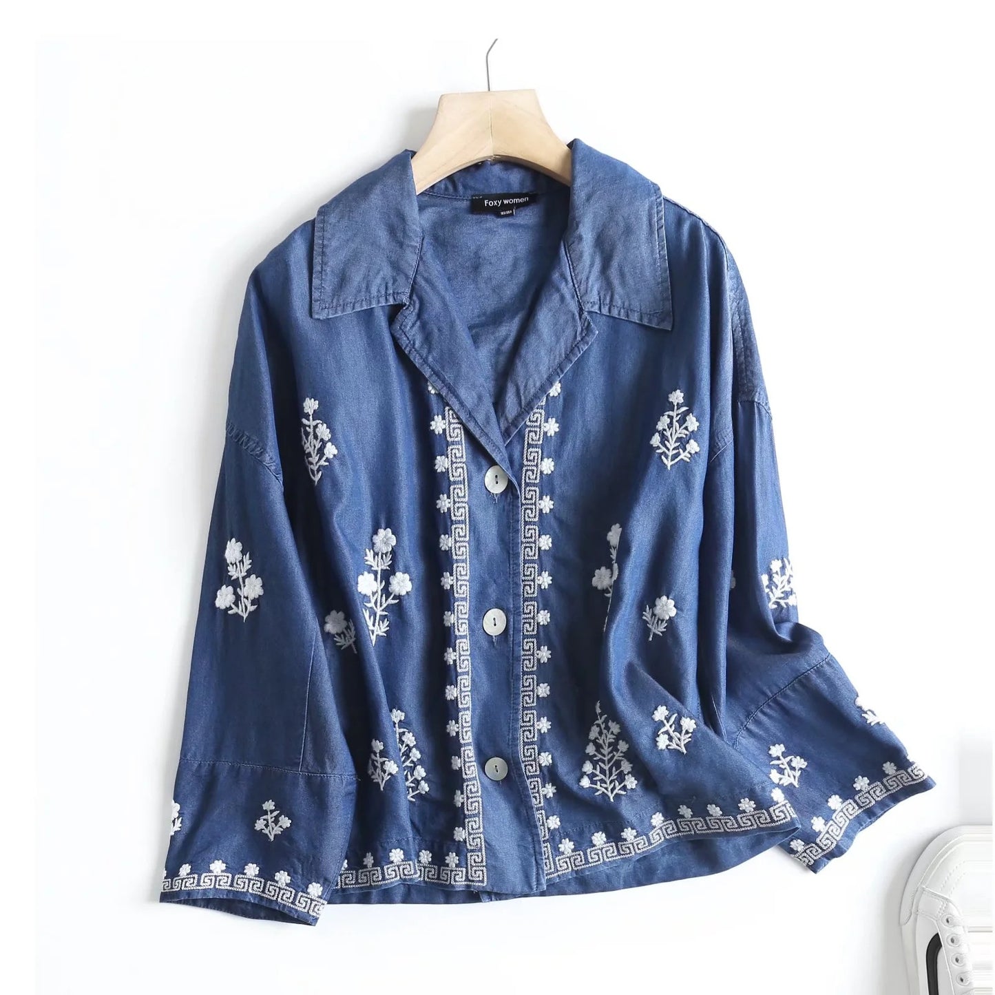 Retro Embroidered Tencel Cotton Denim Shirt - Try Modest Limited