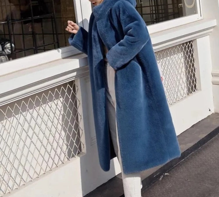 Women's Hooded Rabbit faux fur Long coat Thick and warm - Try Modest Limited