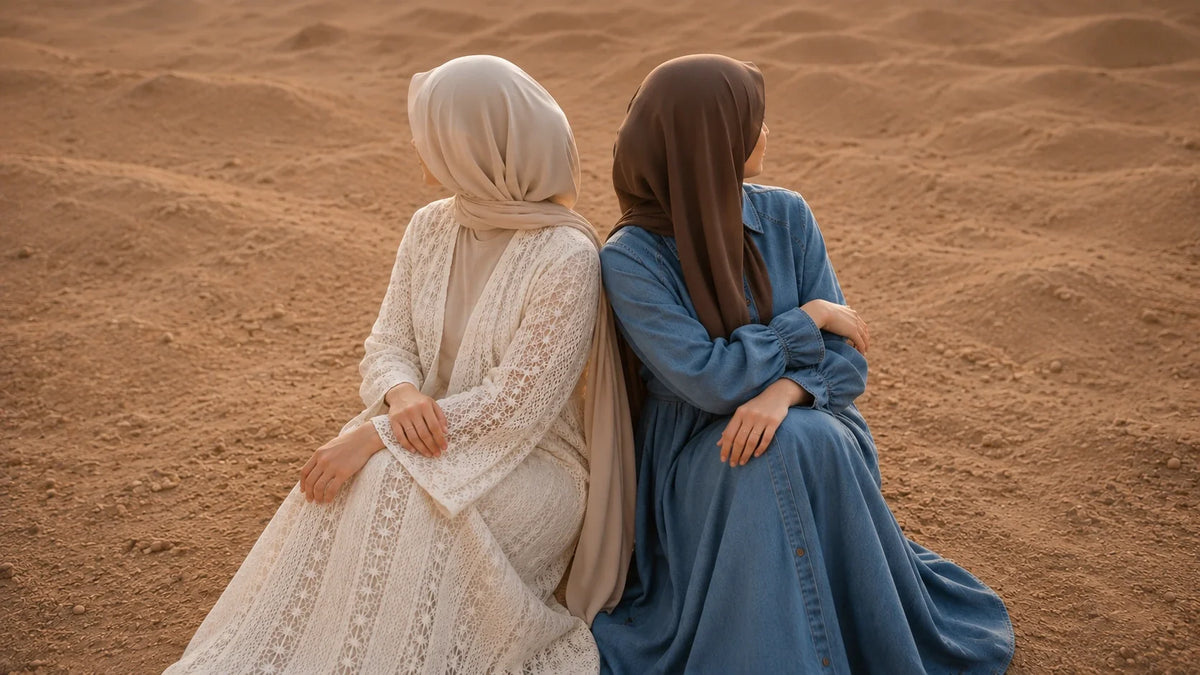 Two women in modest clothing sit side by side on sand dunes, viewed from behind. One wears a cream-colored lace abaya and beige hijab, and the other wears a blue abaya with a brown hijab. Image