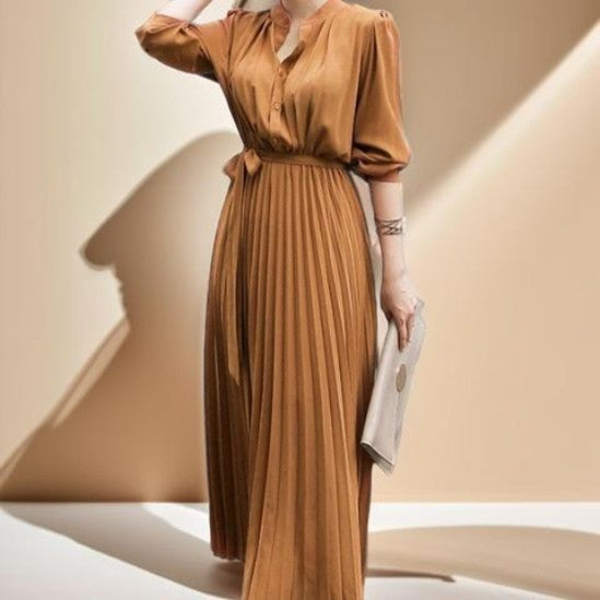 A-line Pleated Long Sleeve Dress - Try Modest Limited 