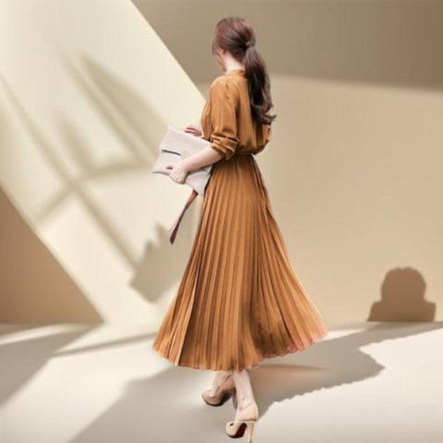 A-line Pleated Long Sleeve Dress - Try Modest Limited