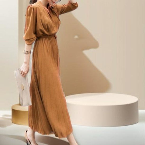 A-line Pleated Long Sleeve Dress - Try Modest Limited 