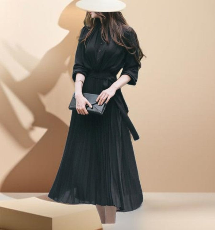 A-line Pleated Long Sleeve Dress - Try Modest Limited 