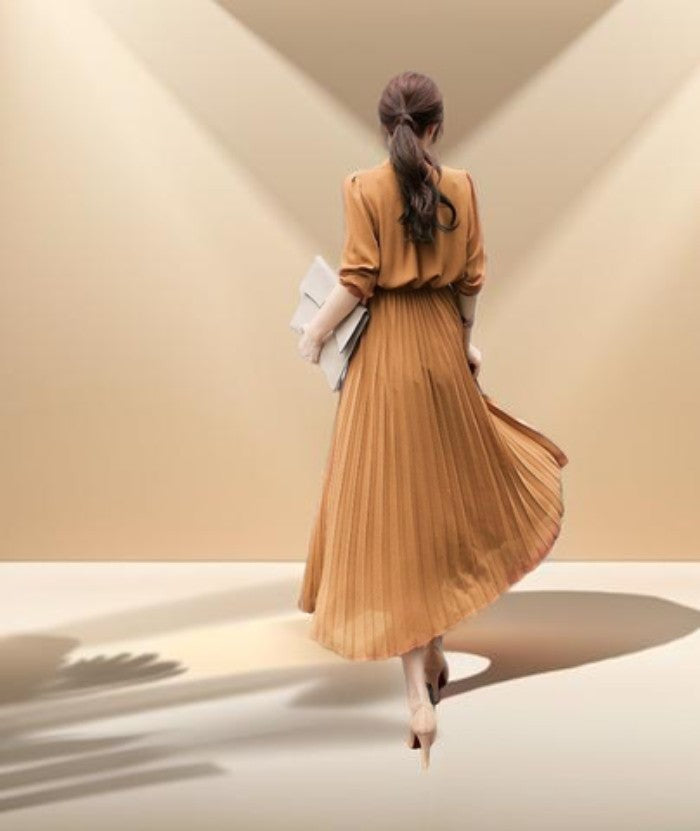 A-line Pleated Long Sleeve Dress - Try Modest Limited 