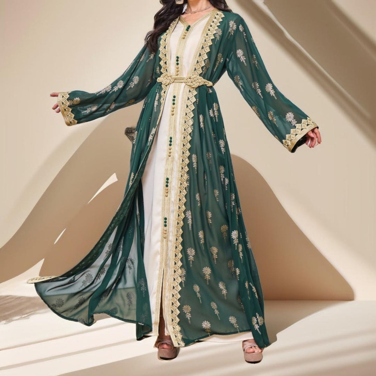 Algerian Style Embroidered Kaftan Plus Inner Vest and Belt - Try Modest Limited 