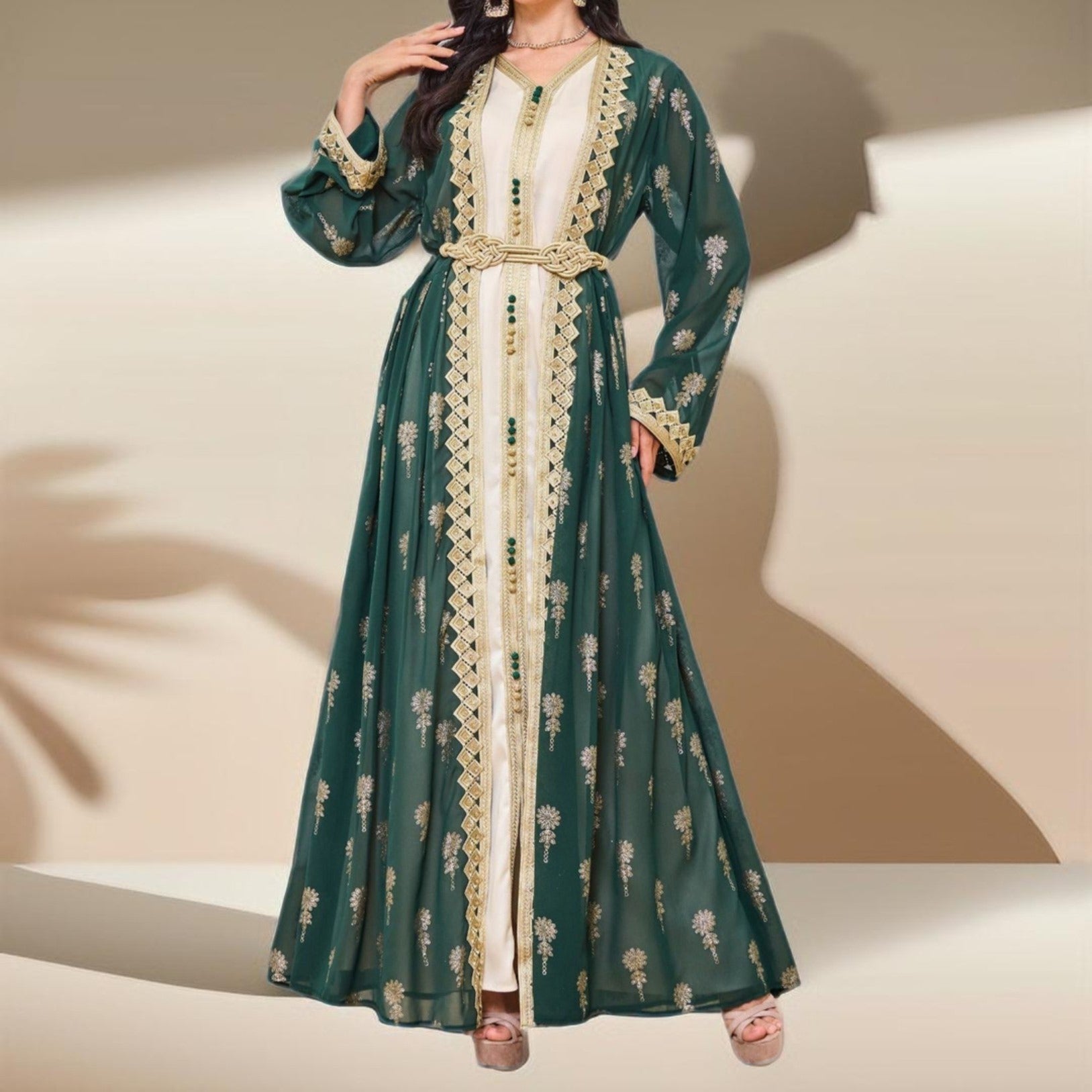 Algerian Style Embroidered Kaftan Plus Inner Vest and Belt - Try Modest Limited 