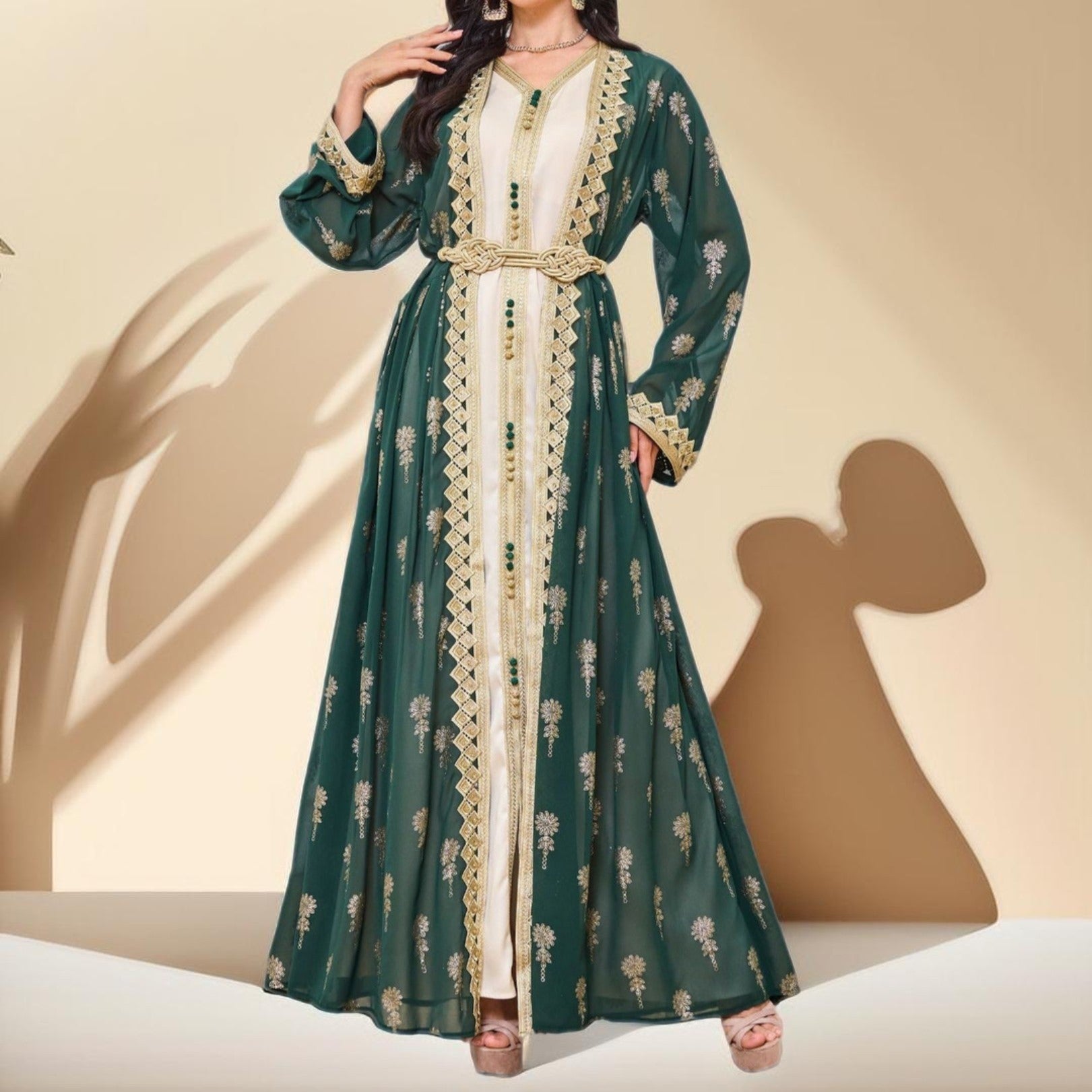 Algerian Style Embroidered Kaftan Plus Inner Vest and Belt - Try Modest Limited 