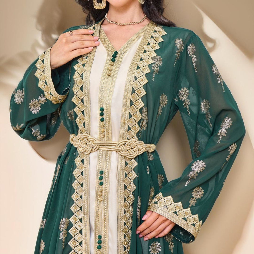 Algerian Style Embroidered Kaftan Plus Inner Vest and Belt - Try Modest Limited