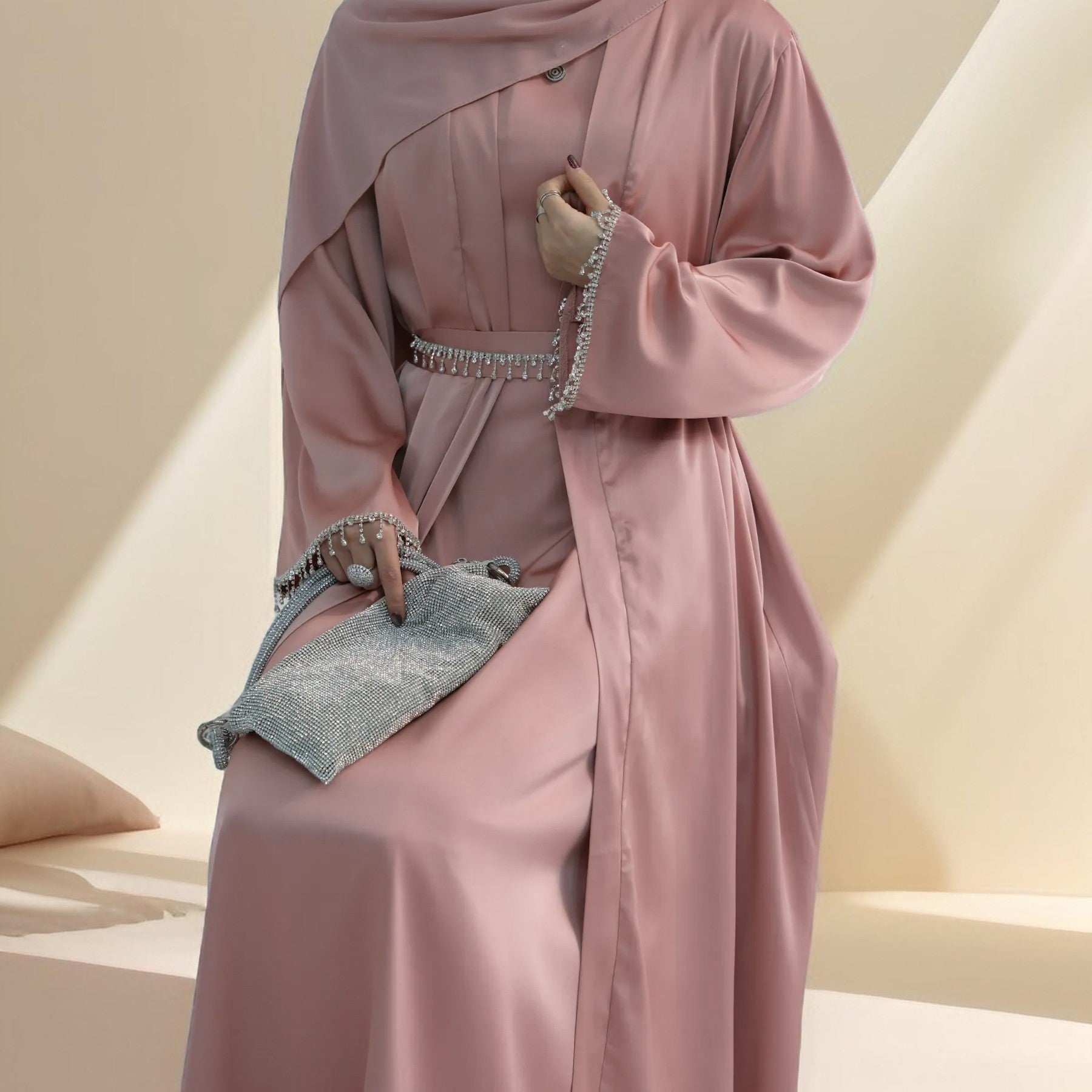 Amira:Embellished Abaya with Beaded Belt and Sleeves - Try Modest Limited 