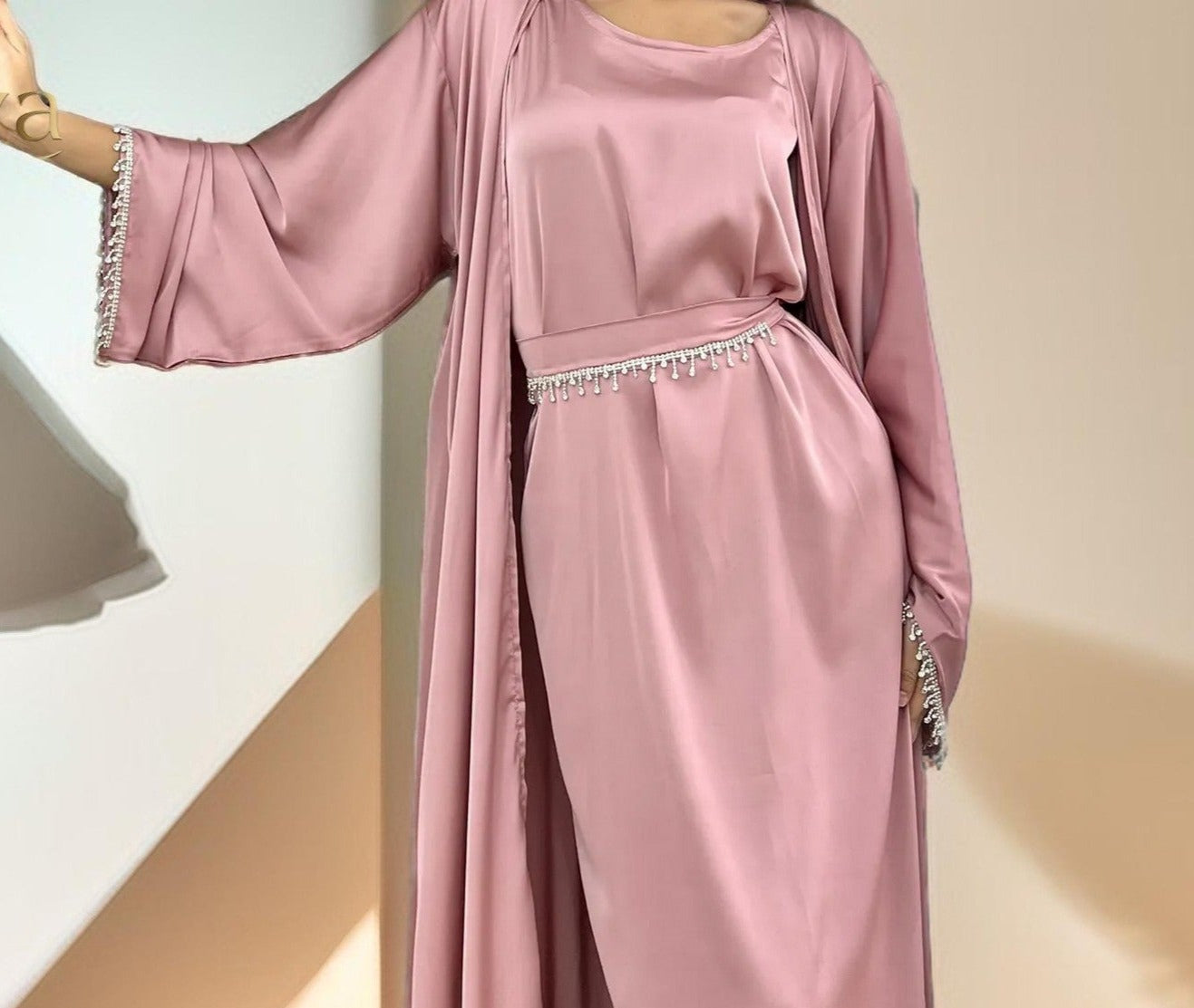 Amira:Embellished Abaya with Beaded Belt and Sleeves - Try Modest Limited 