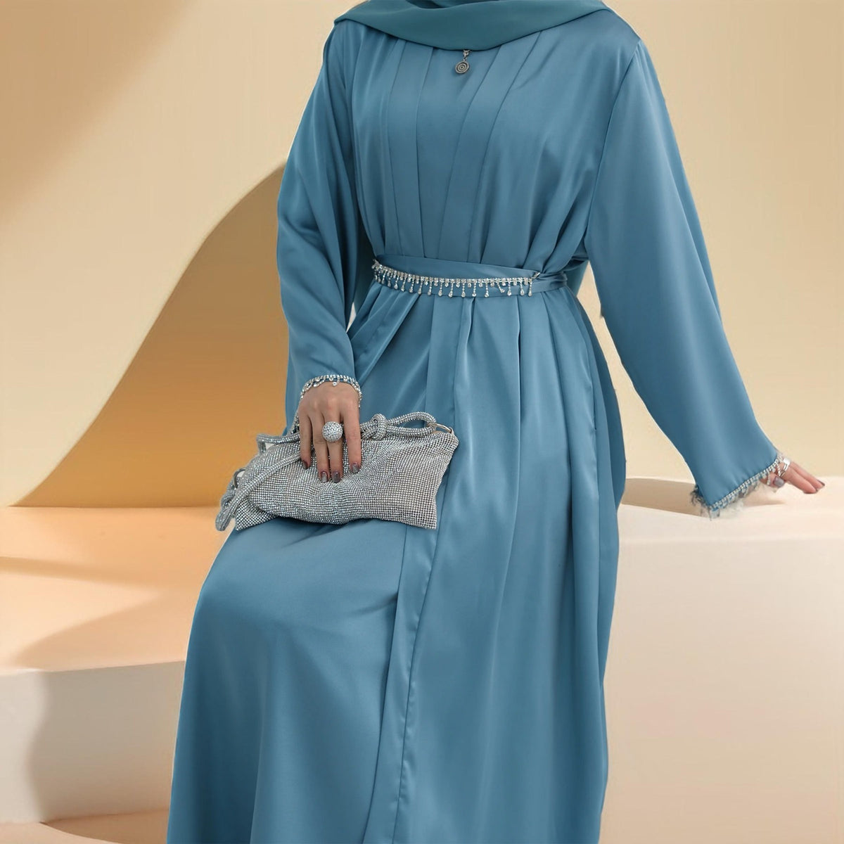 Amira:Embellished Abaya with Beaded Belt and Sleeves - Try Modest Limited