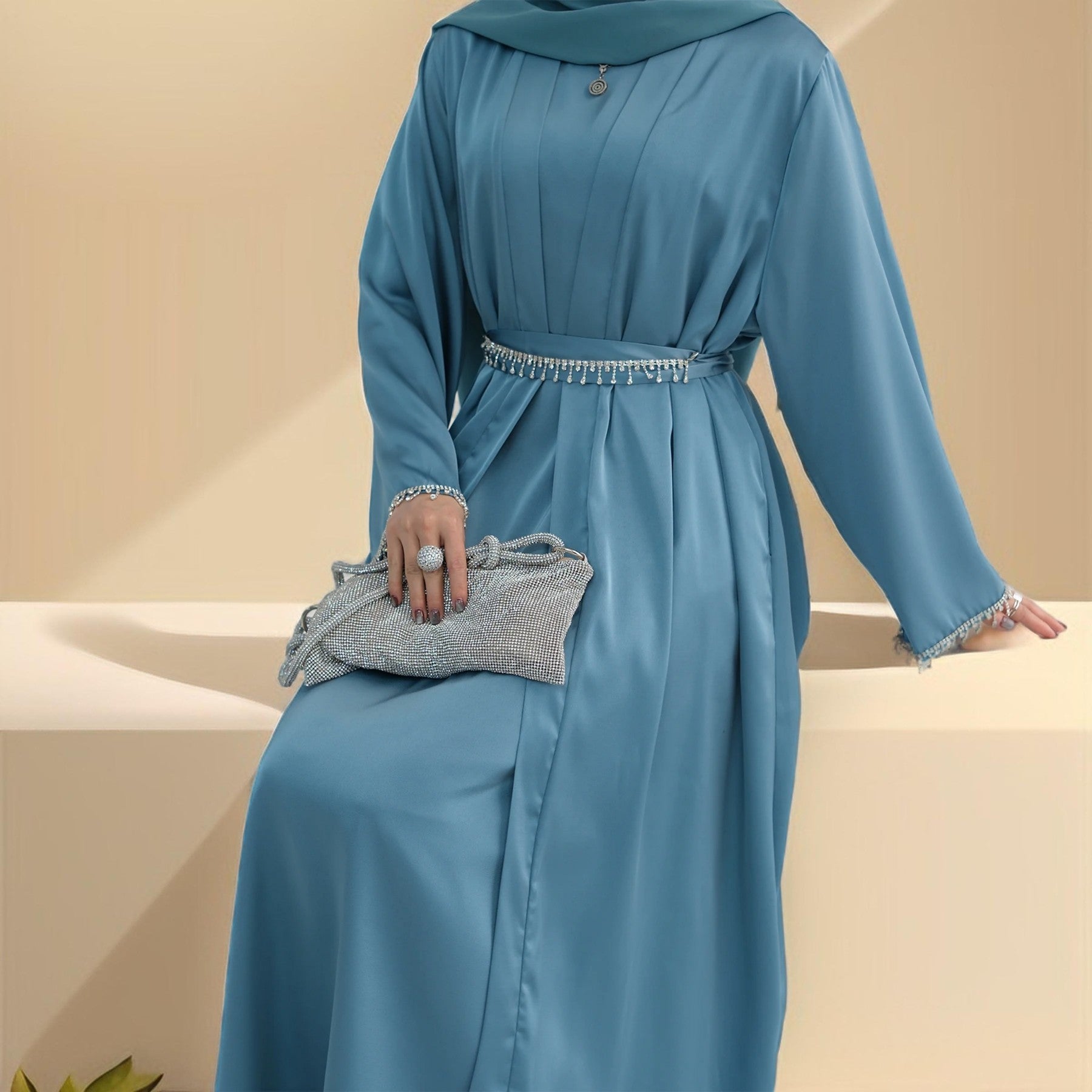 Amira:Embellished Abaya with Beaded Belt and Sleeves - Try Modest Limited 