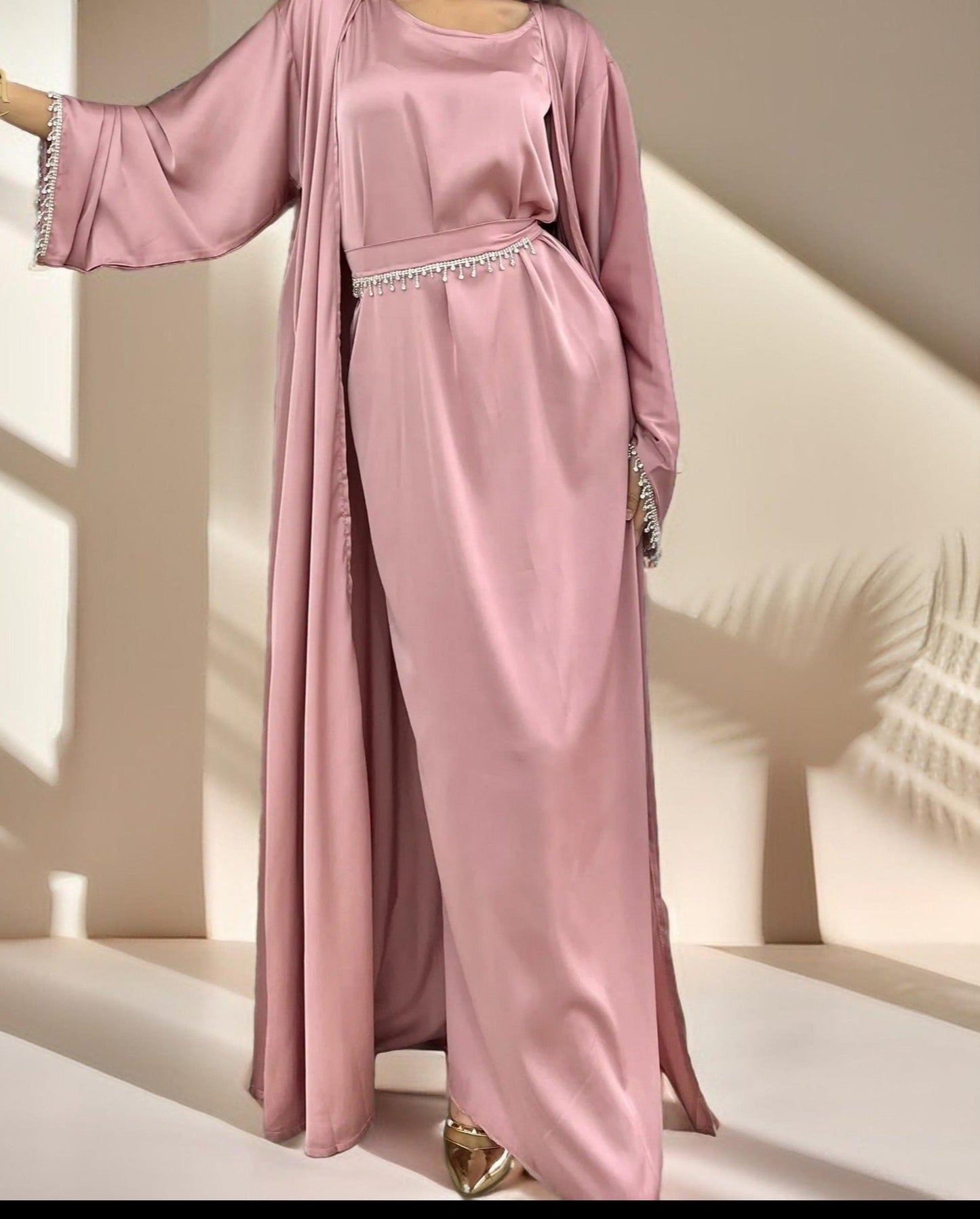 Amira:Embellished Abaya with Beaded Belt and Sleeves - Try Modest Limited 