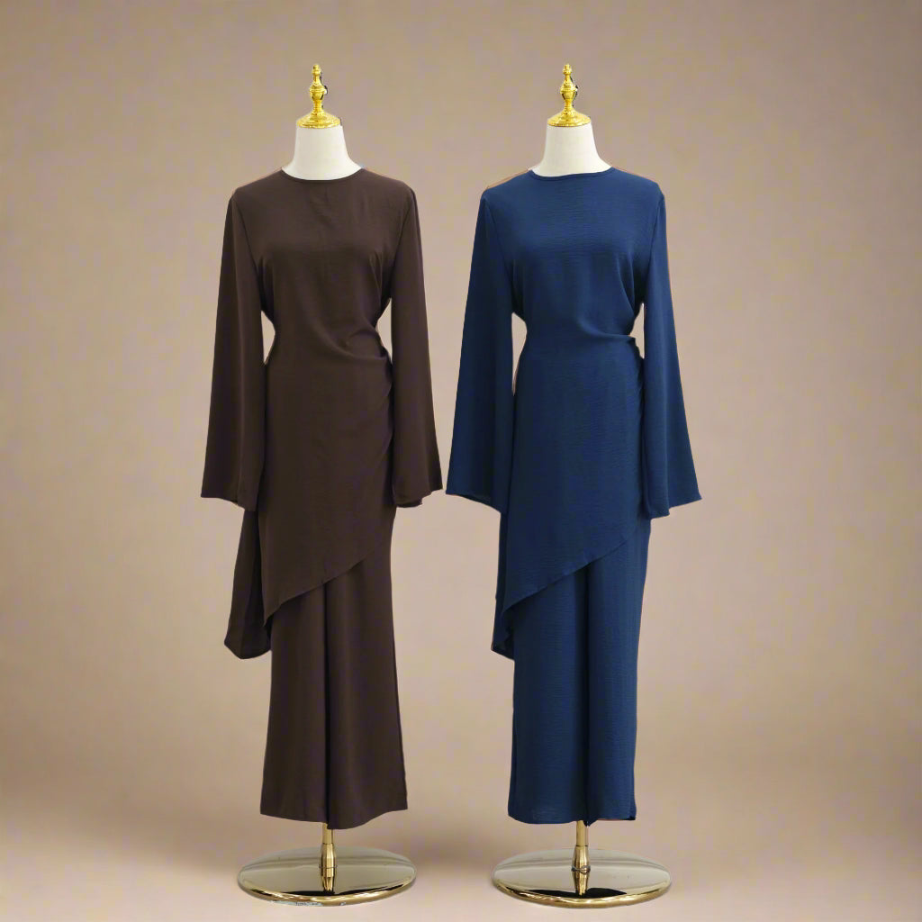 Asimetrik Drape Tunik ve Geniş Paça Pantolon Takımı