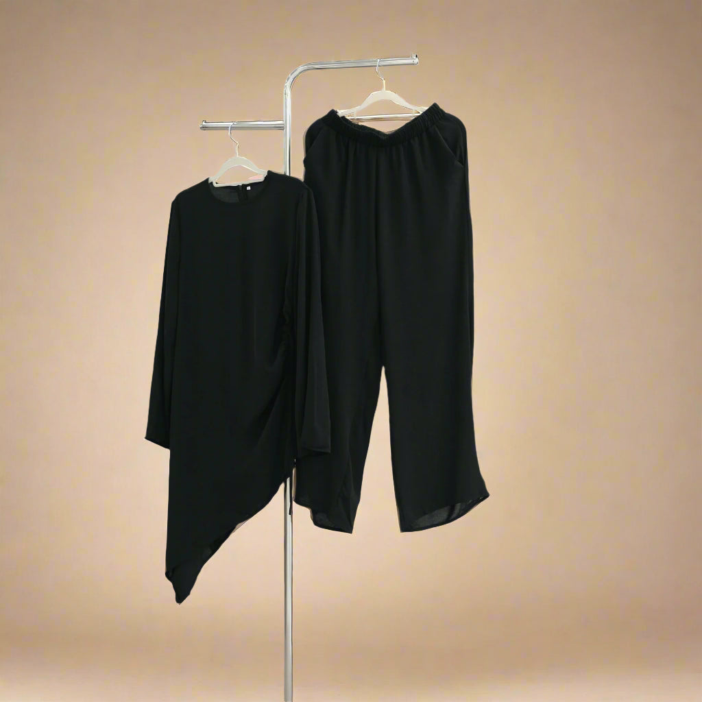 Asimetrik Drape Tunik ve Geniş Paça Pantolon Takımı