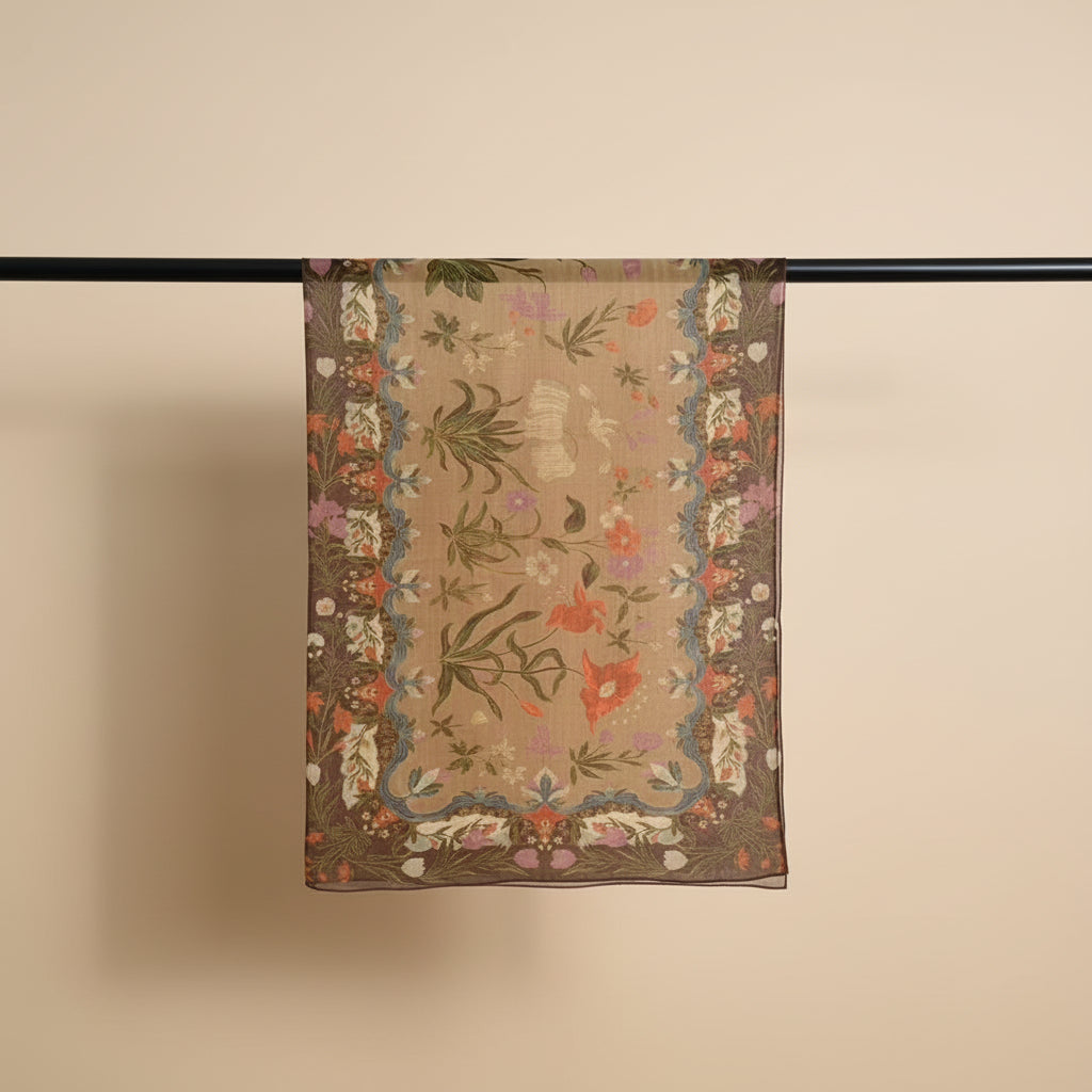 A vintage floral tapestry with a beige background and a multicolor border, hanging from a black rod against a white wall.