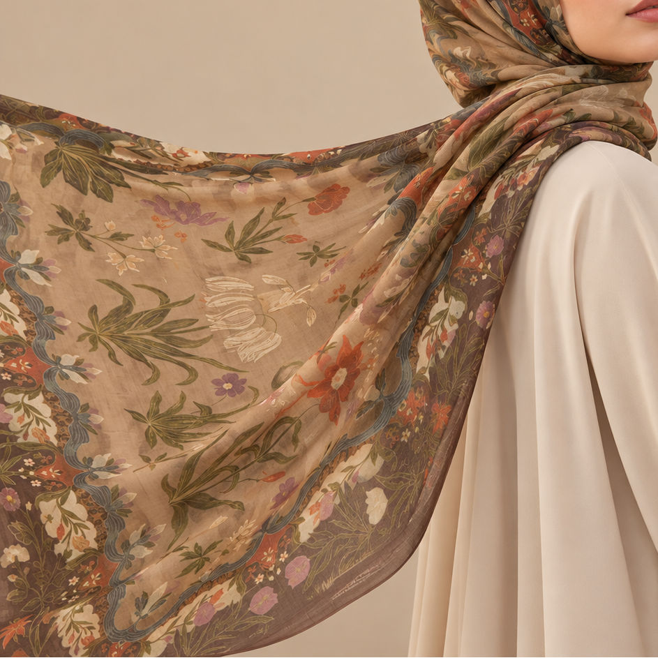 A woman wearing a beige hijab with a detailed botanical and floral print in muted earth tones, paired with a cream-colored abaya, set against a solid beige studio background.